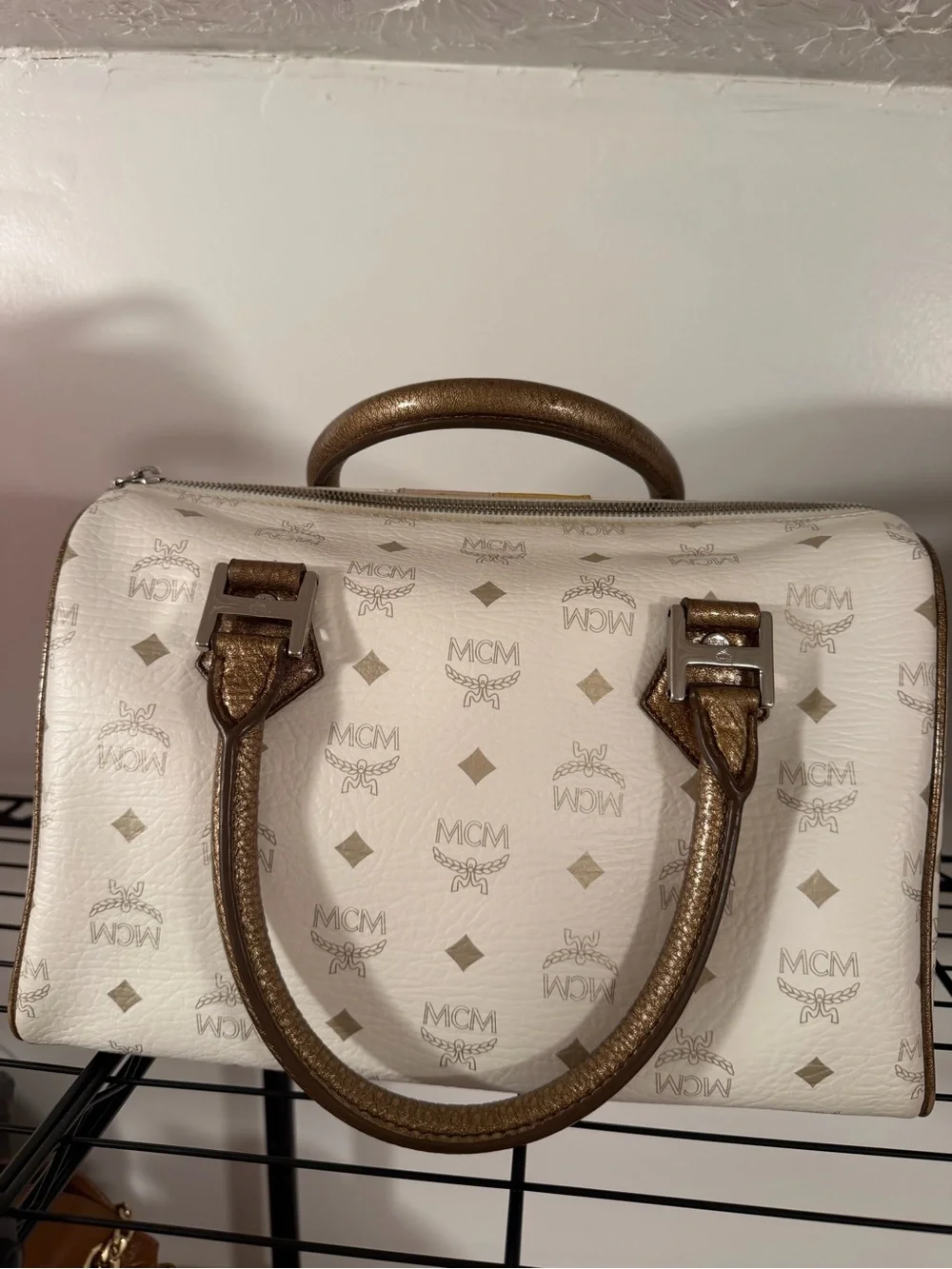 MCM White Logo Dome Satchel with Yellow, Tan and Olive Accents